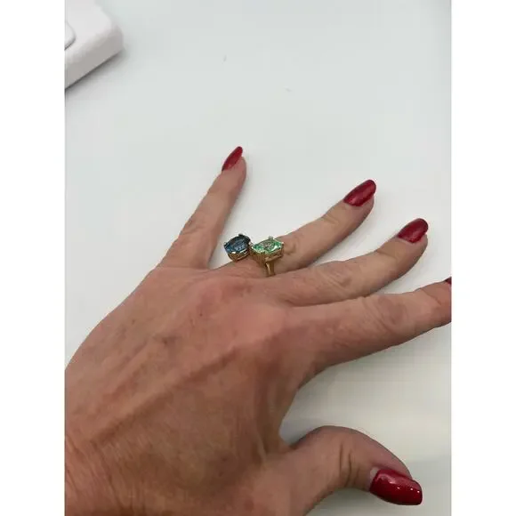 14k Gold Two Stone Ring London Blue Mint Green Spinel Negative Space Adjustable - Picture 9 of 10